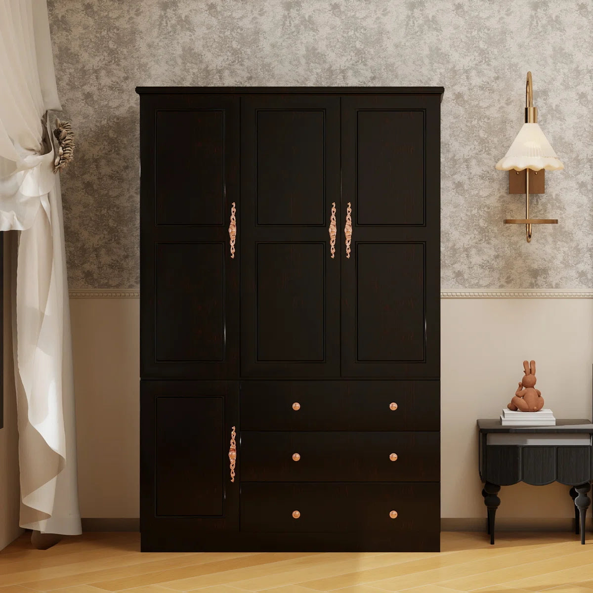 100% Solid Wood Armoire Wardrobe Closet with 3 Doors, Cabinet Storage Cabinet Solid Wood with 3 Drawers, Solid Wood Large Armoire Closet with a Hanging Rod for Bedroom Solid Wood with Expresso Finish