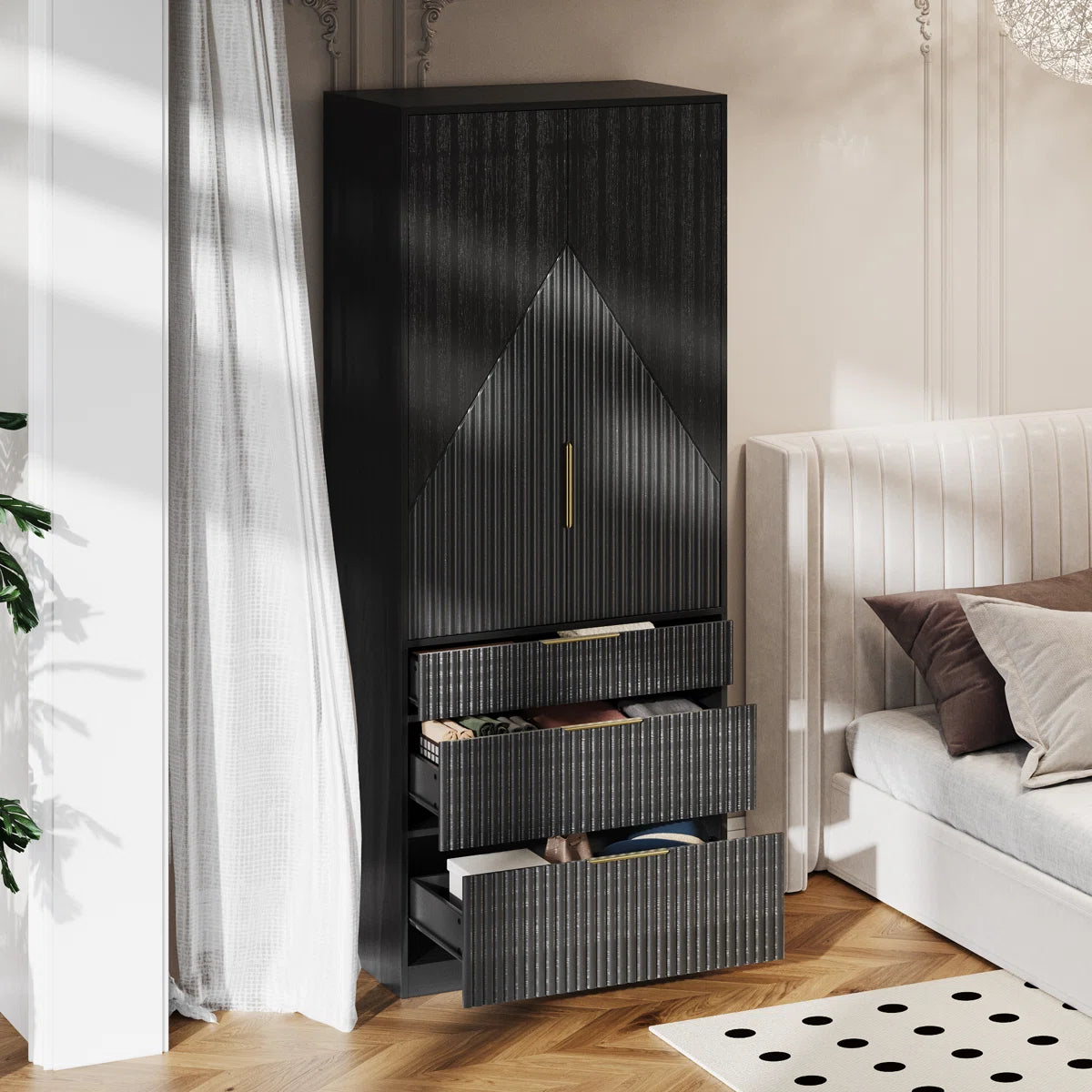 2 Doors Armoire Wardrobe With Three Large Drawers And Hidden Storage
