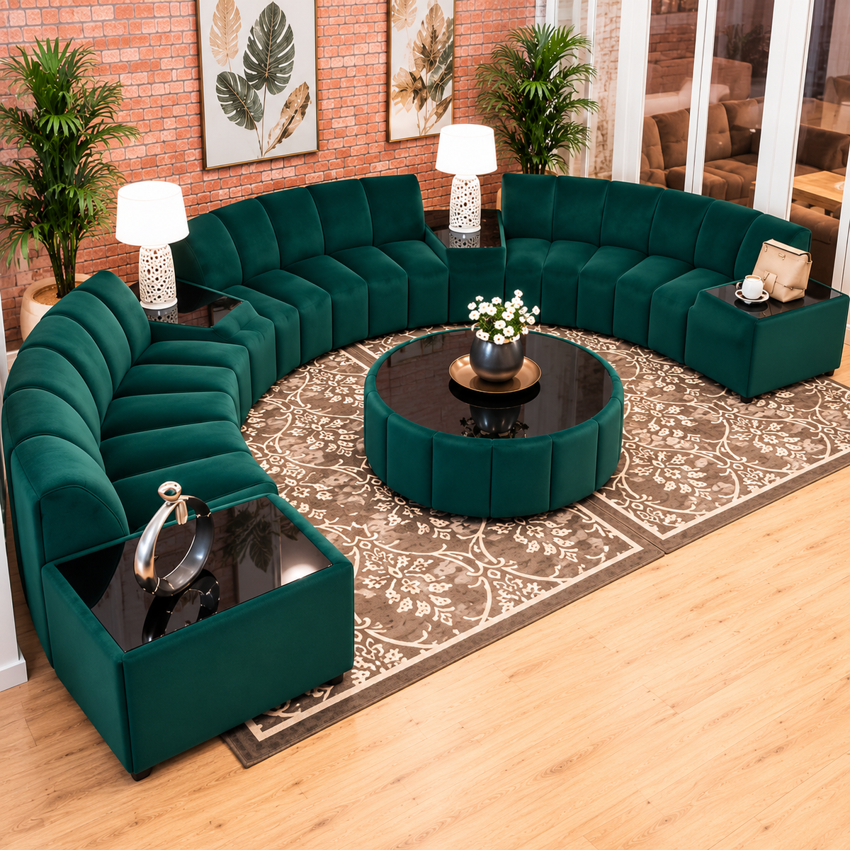 Luxury Emerald Green Velvet Curved Sectional Sofa Set with Round Coffee Table | Modern U-Shaped Modular Sofa for Living Room