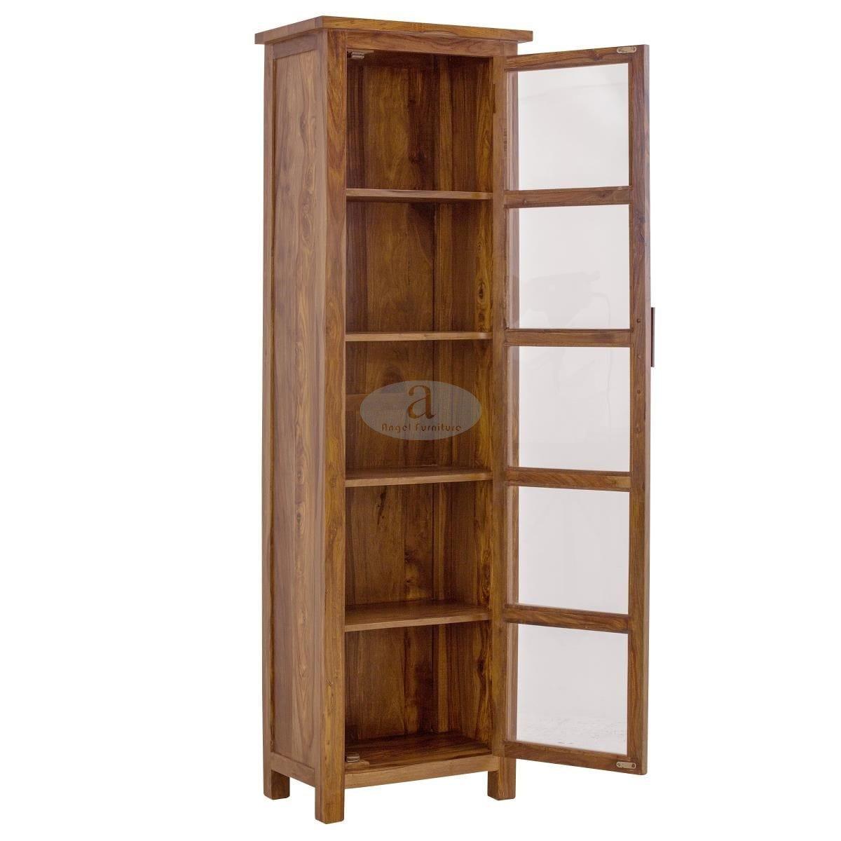 Sheesham Wood Single Door Crockery Cabinet Tall In Honey Finish - Ouch Cart 