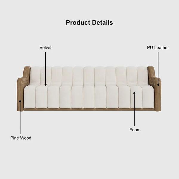 3 Seater Fluted Velvet Upholstered Sofa Walnut Leather Arm - Ouch Cart 