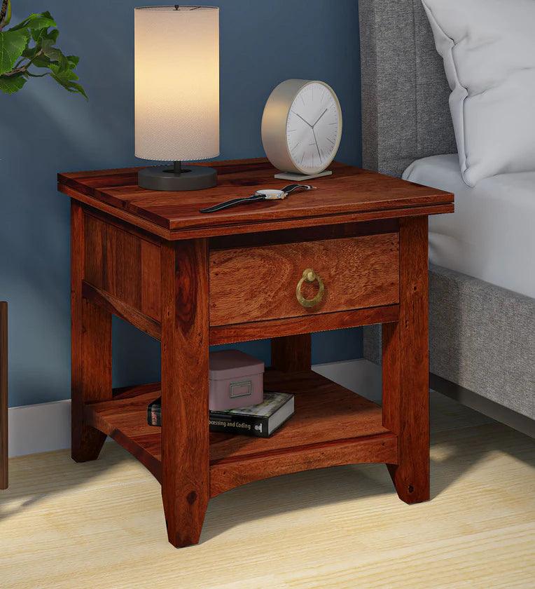 Sheesham Wood Bedside Table in Scratch Resistant Honey Oak Finish With Drawer - Ouch Cart 