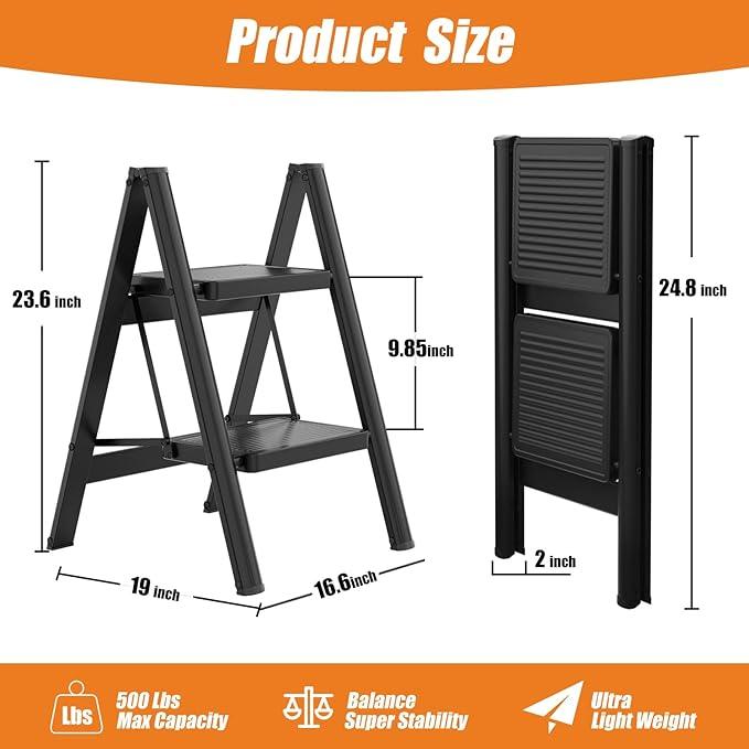 EFFIELER 2 Step Ladder 2 Step Stool Folding Step Stool with Handrails, Sturdy Step Stool for Adult, 500LBS Capacity Sturdy& Portable Ladder for Home Kitchen Library Office - Ouch Cart 