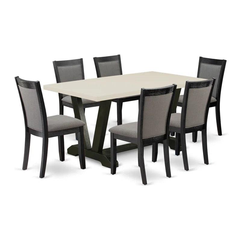 7 Piece Table Set - A Dinner Table and 6 Linen Fabric Parson Chairs - Wire Brushed Black Finish - Ouch Cart 