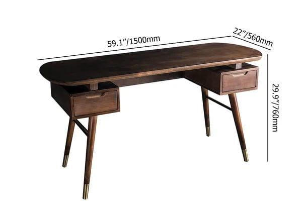 Joel Mid-Century Modern Walnut Office Desk Wooden Writing Desk with 2 Drawers in Gold