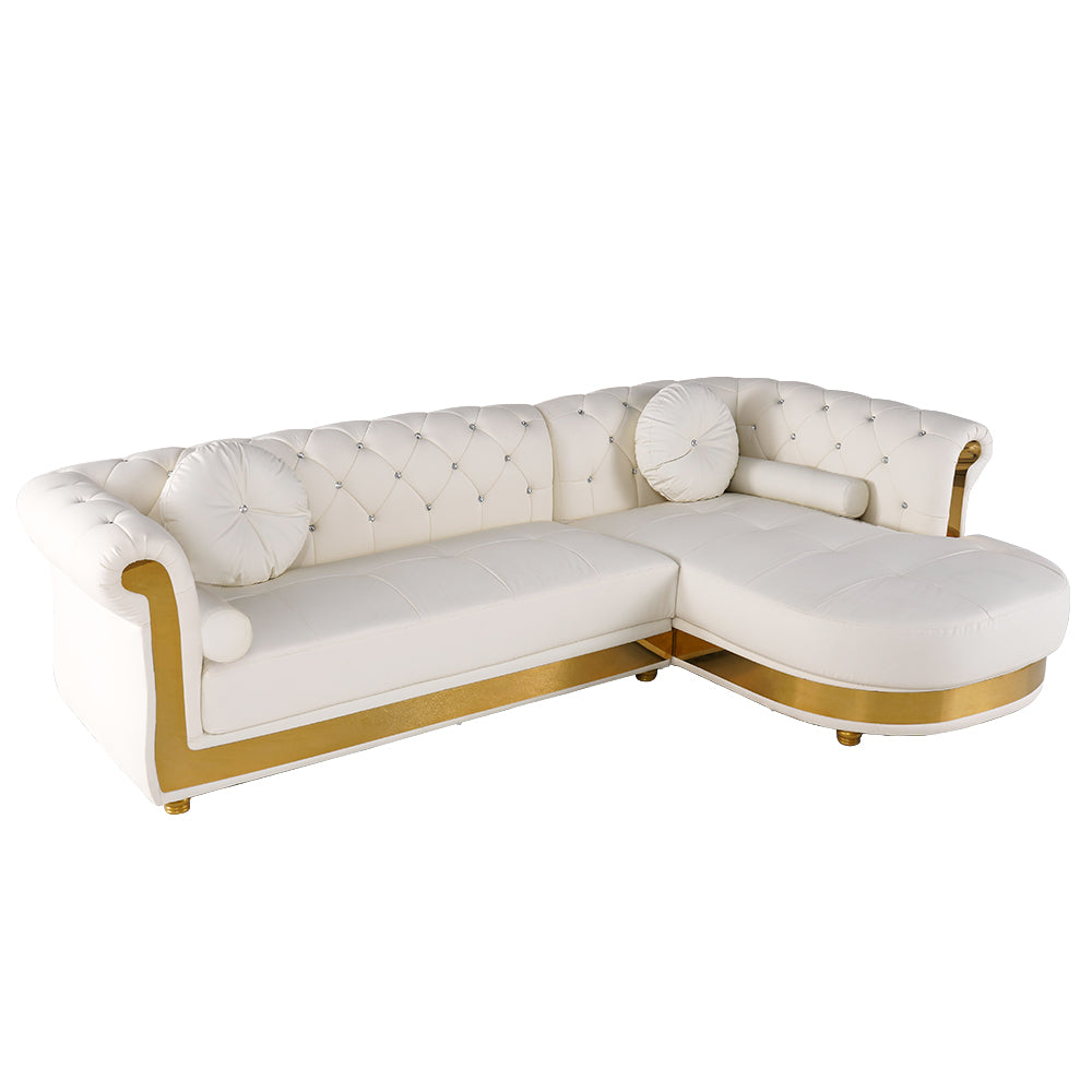 Luxury White L-Shaped Chesterfield Leather Sofa Set with Gold Accents