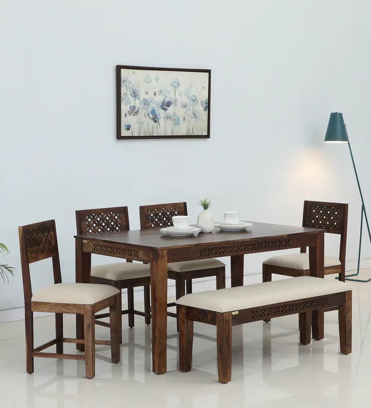 Sheesham Wood 6 Seater Dining Set in Scratch Resistant Provincial Teak Finish With Bench - Ouch Cart 