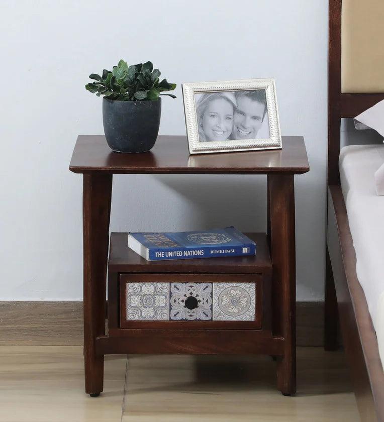 Solid Wood Bedside Table In Tubbaq Finish With Drawer - Ouch Cart 