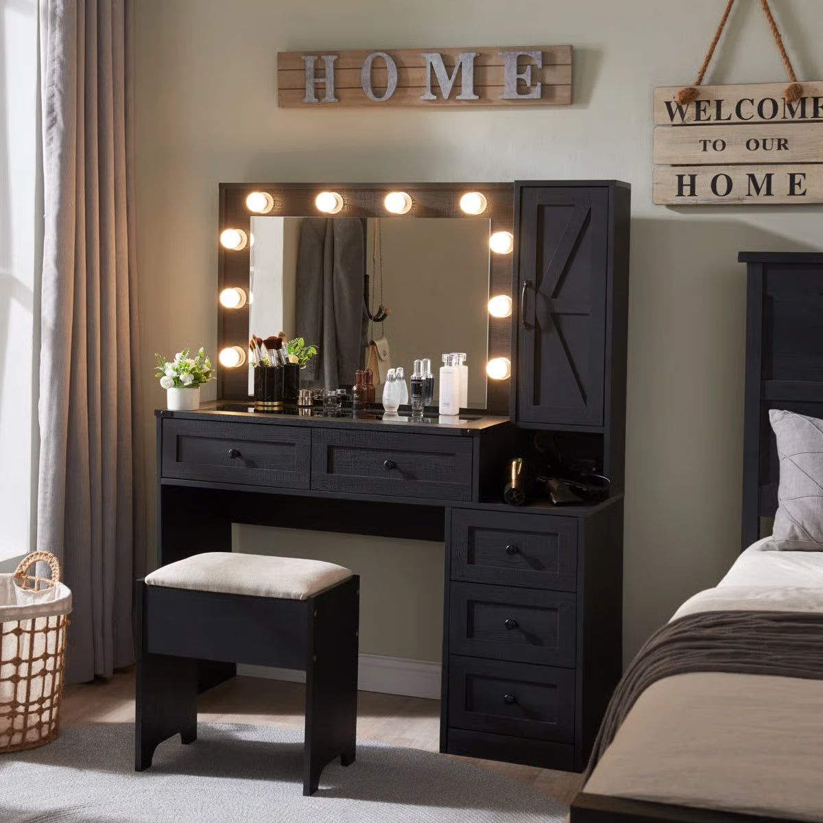Farmhouse Vanity Makeup Desk With Charging Station, 43" Wide Vanity Desk With Lights Mirror, Drawers And Stool For Makeup