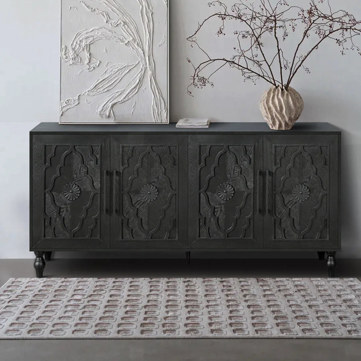 Wood Storage Cabinet with Carved Door and Metal Handle, Versatile and Stylish for Home Decor