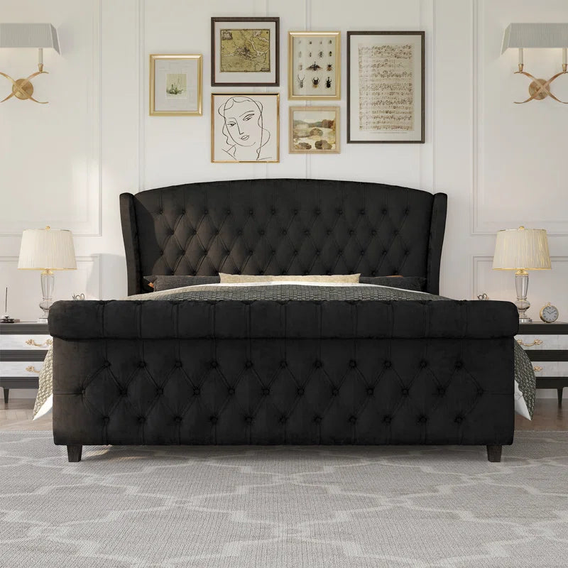 Dulane Chenille / Velvet Upholstered Sleigh Bed with Scroll Wingback Headboard - OUCHCART |Bed 
