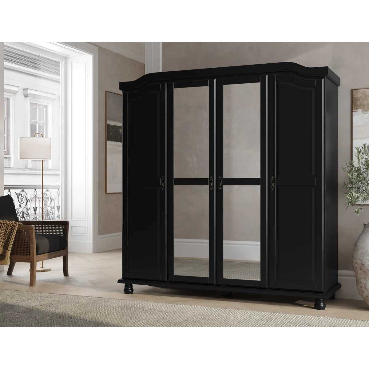 Kyle 100% Solid Wood 4-door Wardrobe Armoire with Mirrored Doors