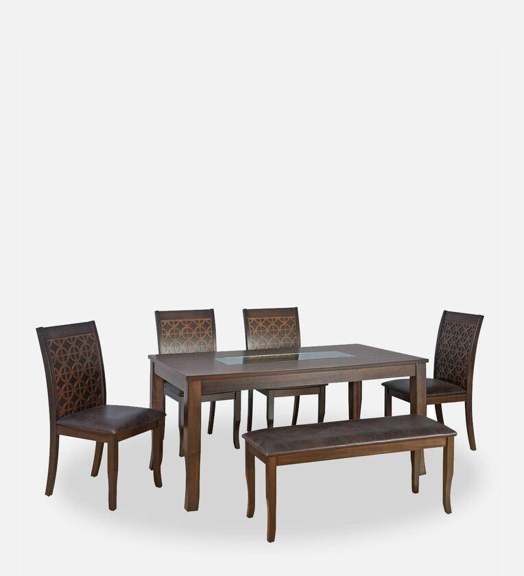 6 Seater Dining Set in Walnut Finish with Bench - Ouch Cart 