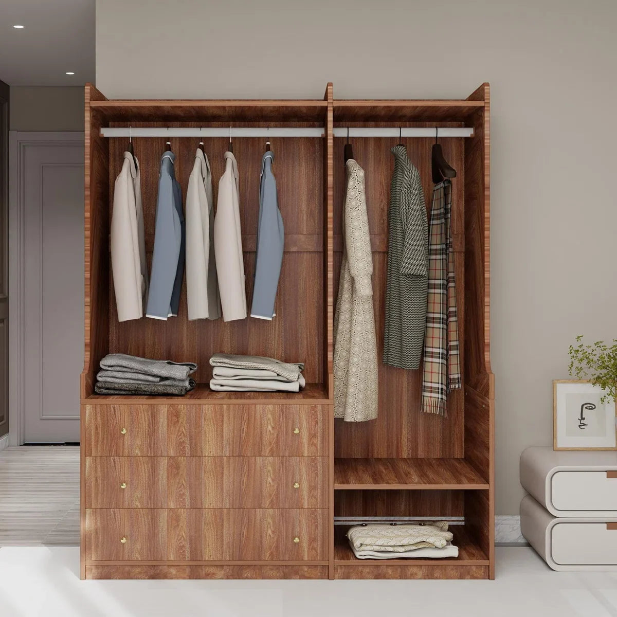 Open Wooden Wardrobe In Bedroom