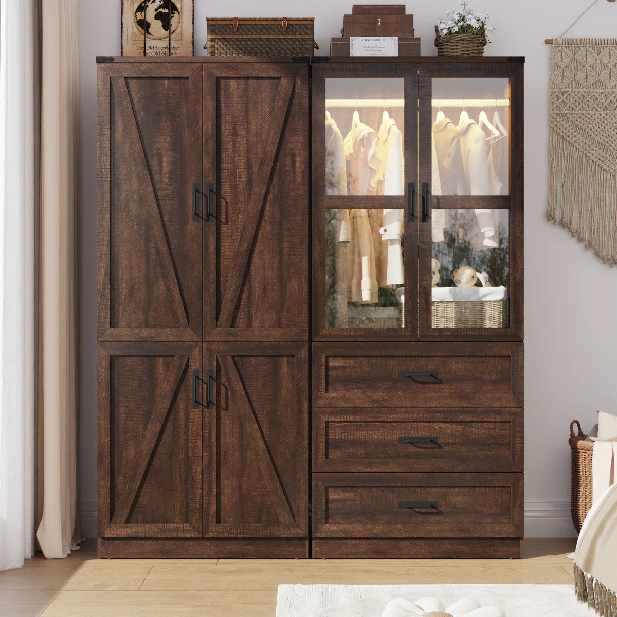 74.8"H 4 Door Wardrobe Armoire Closet With LED Lights, Rustic Farmhouse Wardrobe Cabinet With Hanging Rod & Adjustable Shelves For Bedroom