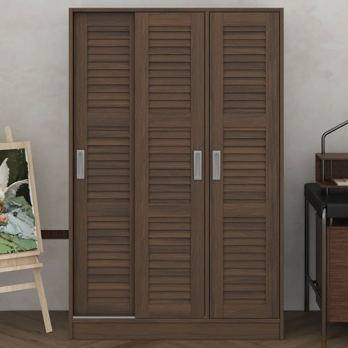 Solid Wood Wardrobe With 3 Louvered Sliding Doors, Shelves Included, Clothing Storage Cabine