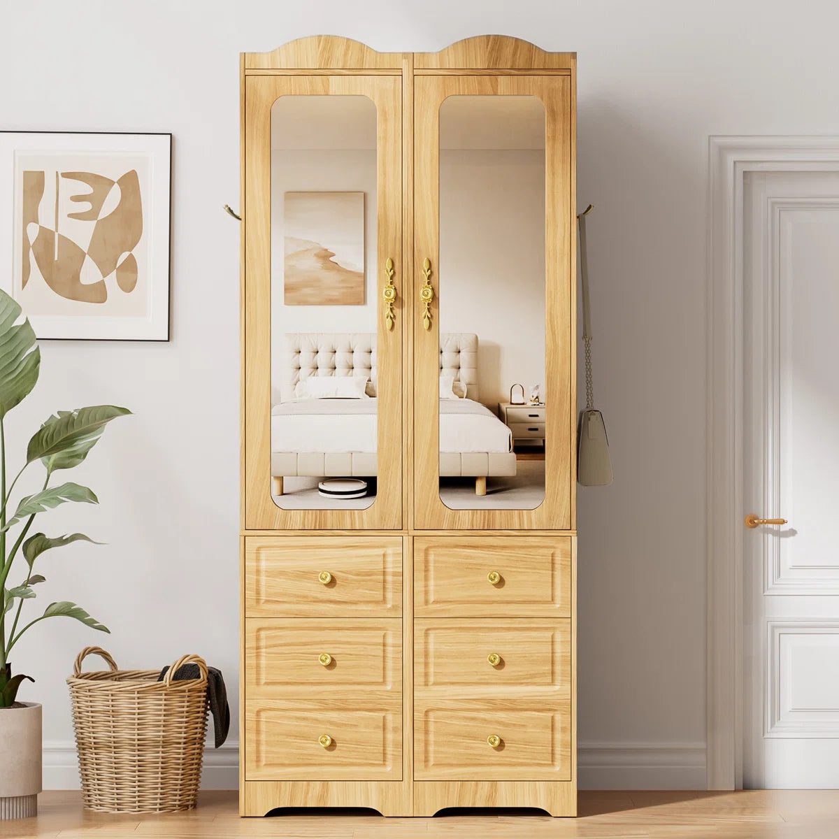Armoire Wardrobe Closet & Wardrobe Cabinet With 6 Drawers And 2 Mirrors & With Hanging Rod & Sensor Lights