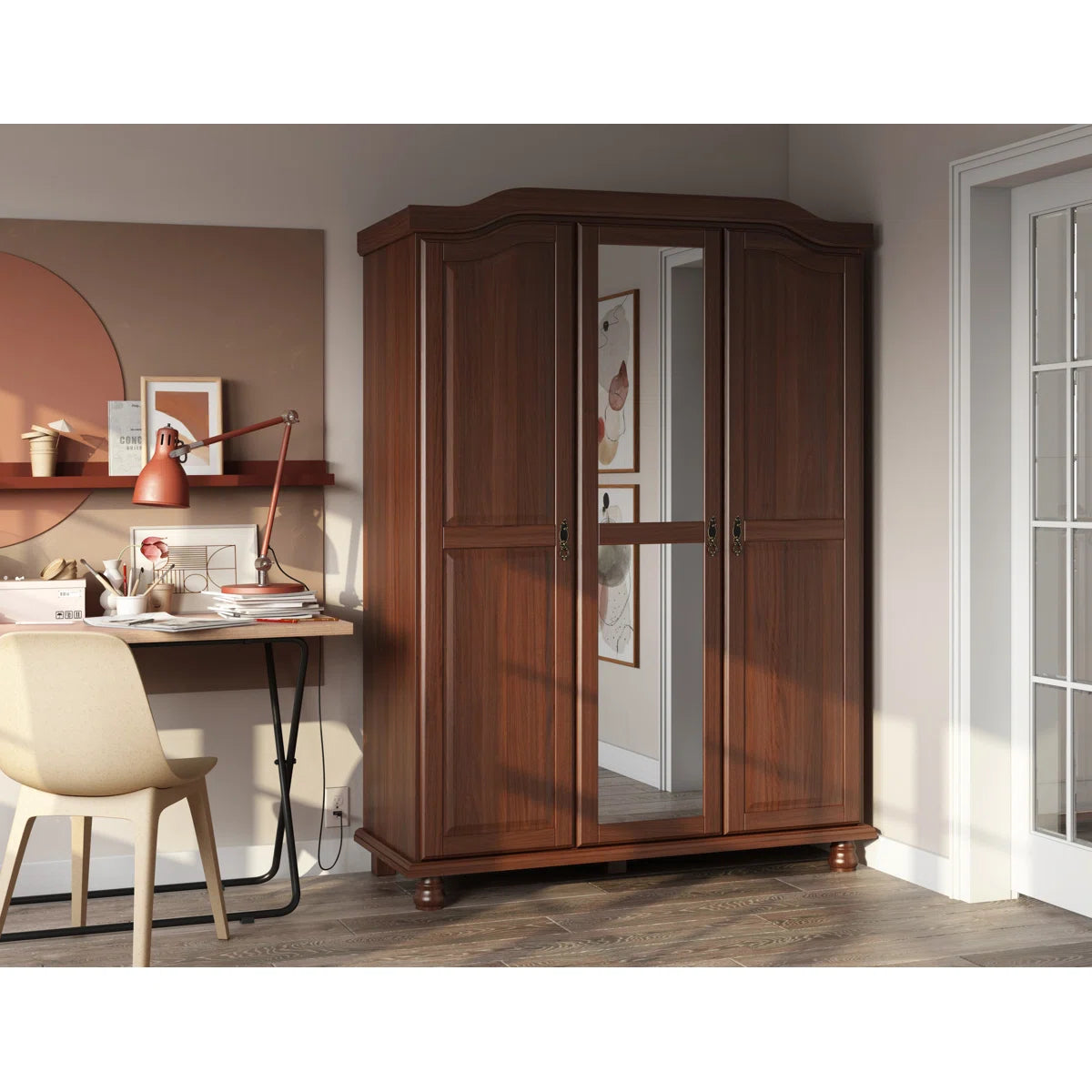 Anass Kyle 100% Solid Wood 3-door Wardrobe Armoire with Mirrored Door
