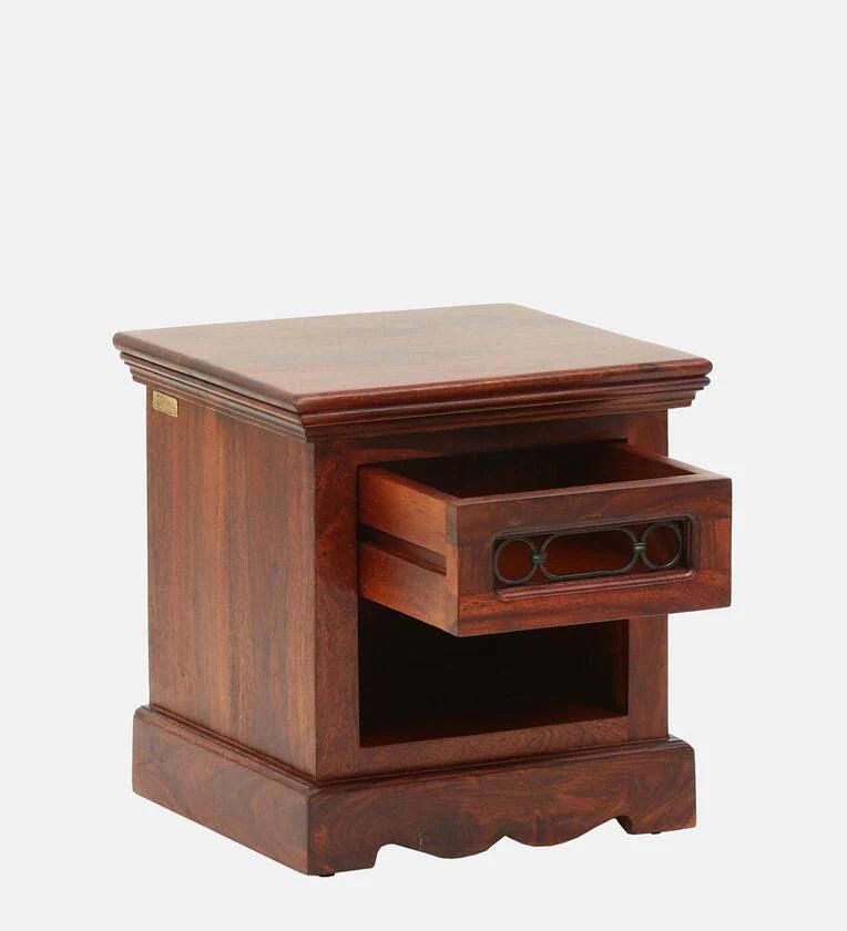 Sheesham Wood Bedside Table In Honey Oak Finish With Drawer - Ouch Cart 