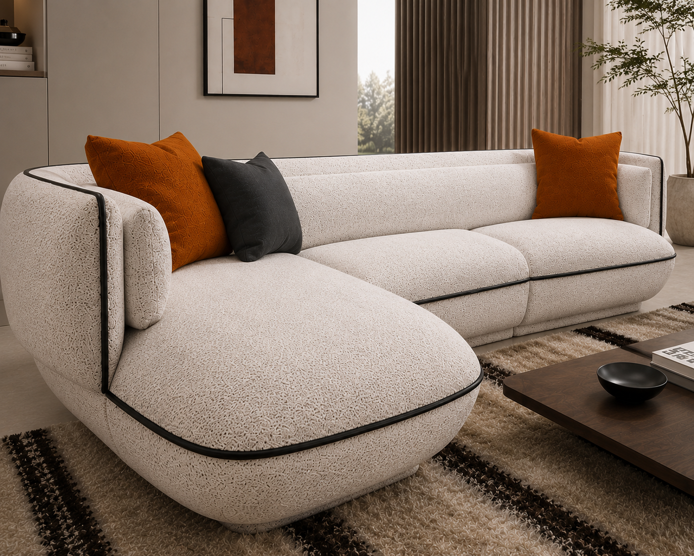 Ouch Cart Modern Curved Bouclé Sectional Sofa | Luxury Cream Upholstered Living Room Couch with Contemporary Design