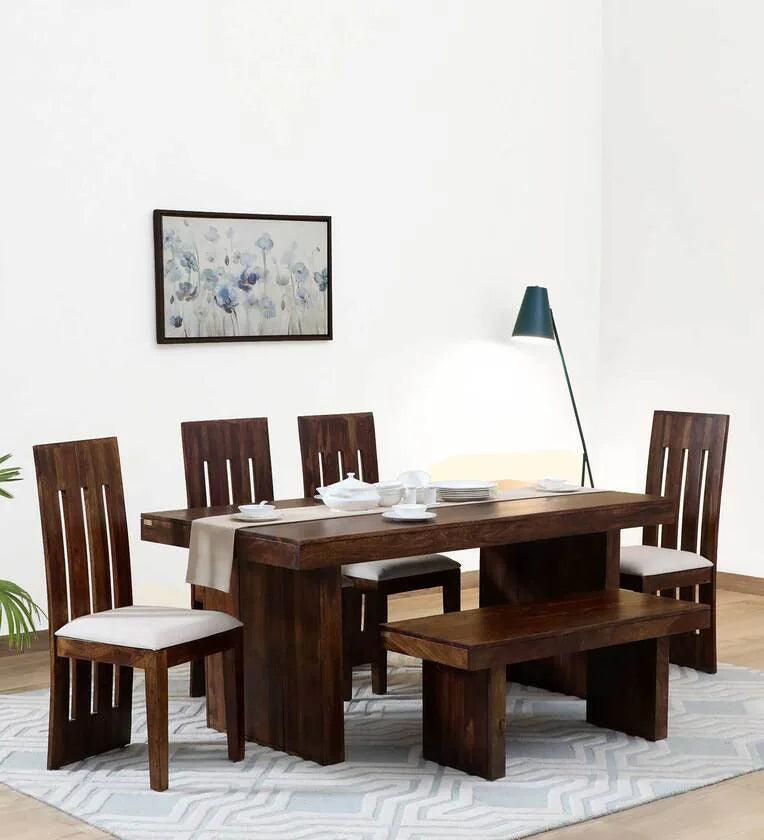 Sheesham Wood 6 Seater Dining Set In Scratch Resistant Provinical Teak Finish With Bench - Ouch Cart 