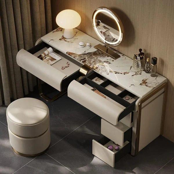 Leonie Modern Gray Makeup Vanity Set with Side Cabinet Dressing Table with Mirror & Stool, Makeup Vanity Desk with Mirror and Bedroom Dressing Table Set with 5 Drawers for Women/Girls - Ouch Cart 
