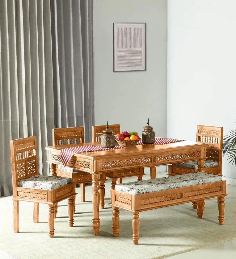 Sheesham Wood 6 Seater Dining Set In Scratch Resistant Rustic Teak Finish With Bench - Ouch Cart 