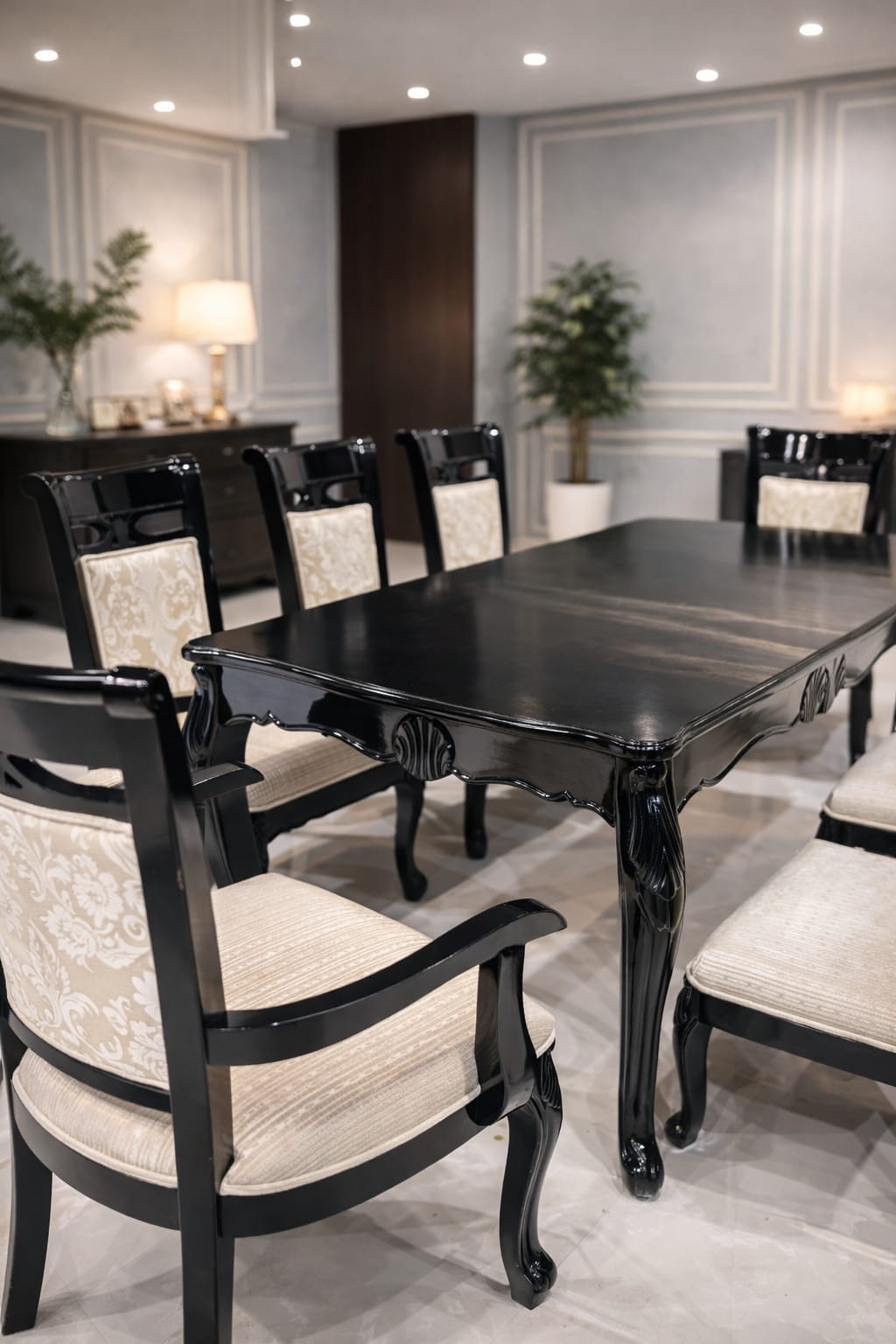 Luxury Black High Gloss 8-Seater Dining Table Set with Upholstered Chairs