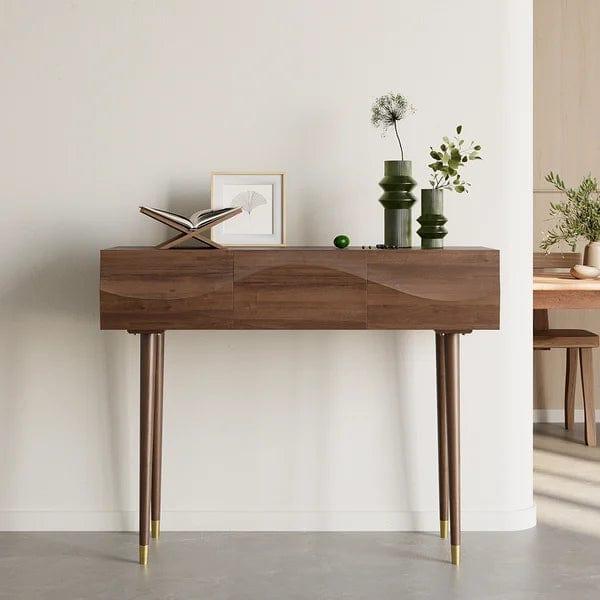 Mitsuki Century Walnut Console Table with 3 Drawers Solid Wood Entryway Table with Storage - Ouch Cart 