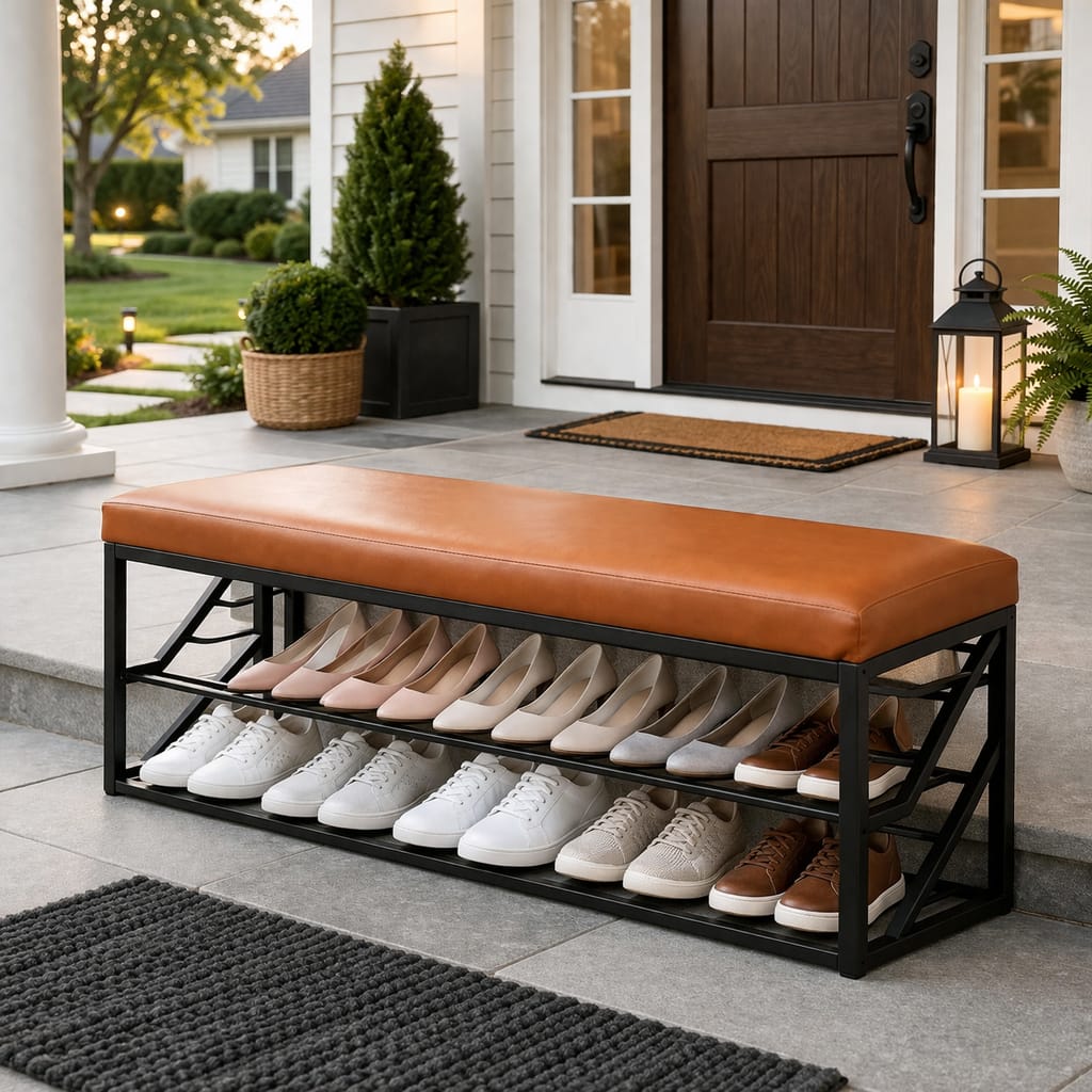 Shoe Rack Bench with Cushion – 2-Tier Storage Organizer Seat for Entryway, Bedroom & Living Room
