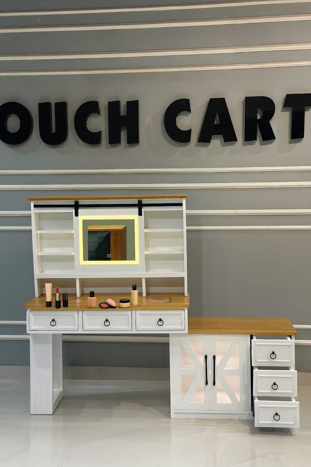 Modern White Wooden Dressing Table with LED Mirror & Storage Cabinet | Makeup Vanity Unit