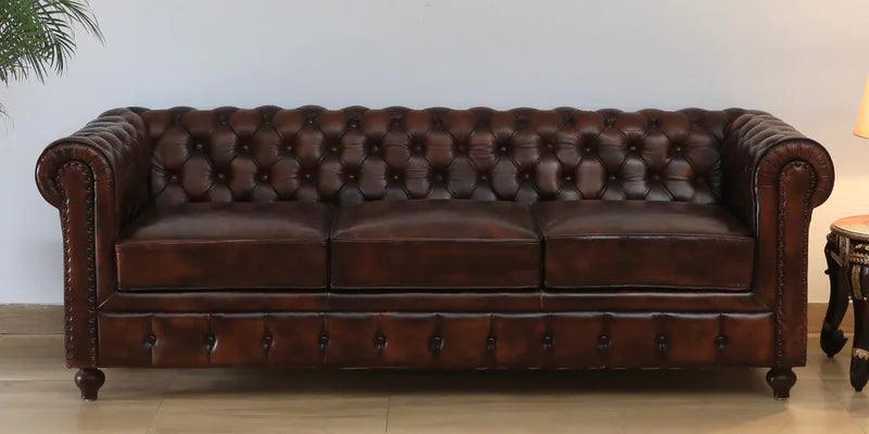 Leather 3 Seater Sofa In Brown Finish - Ouch Cart 