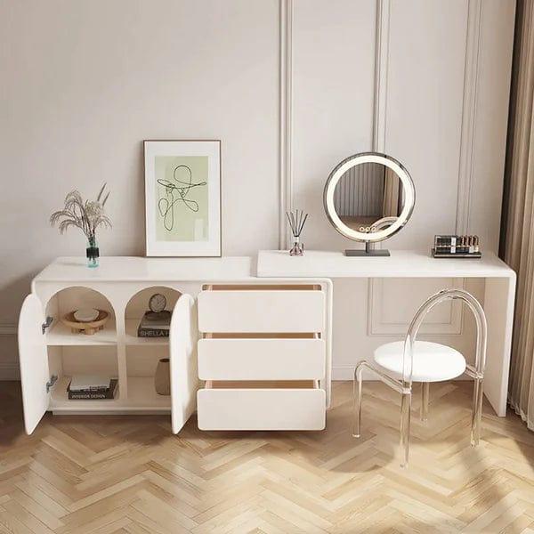 Cristobal White Makeup Vanity Retractable Dressing Table Beauty Station with 3 Drawers, Vanity Dressing Table with 4 Drawers, Lighting Adjustable Brightness, Large Vanity Table Set for Bedroom - Ouch Cart 