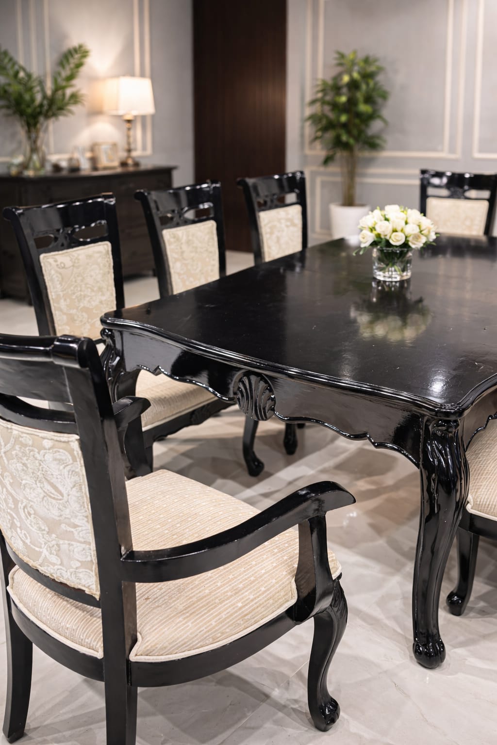 Luxury Black High Gloss 8-Seater Dining Table Set with Upholstered Chairs