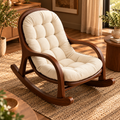 Luxury Wooden Rocking Chair with Cream Tufted Cushion, Walnut Finish Frame, Modern Upholstered Rocker for Living Room