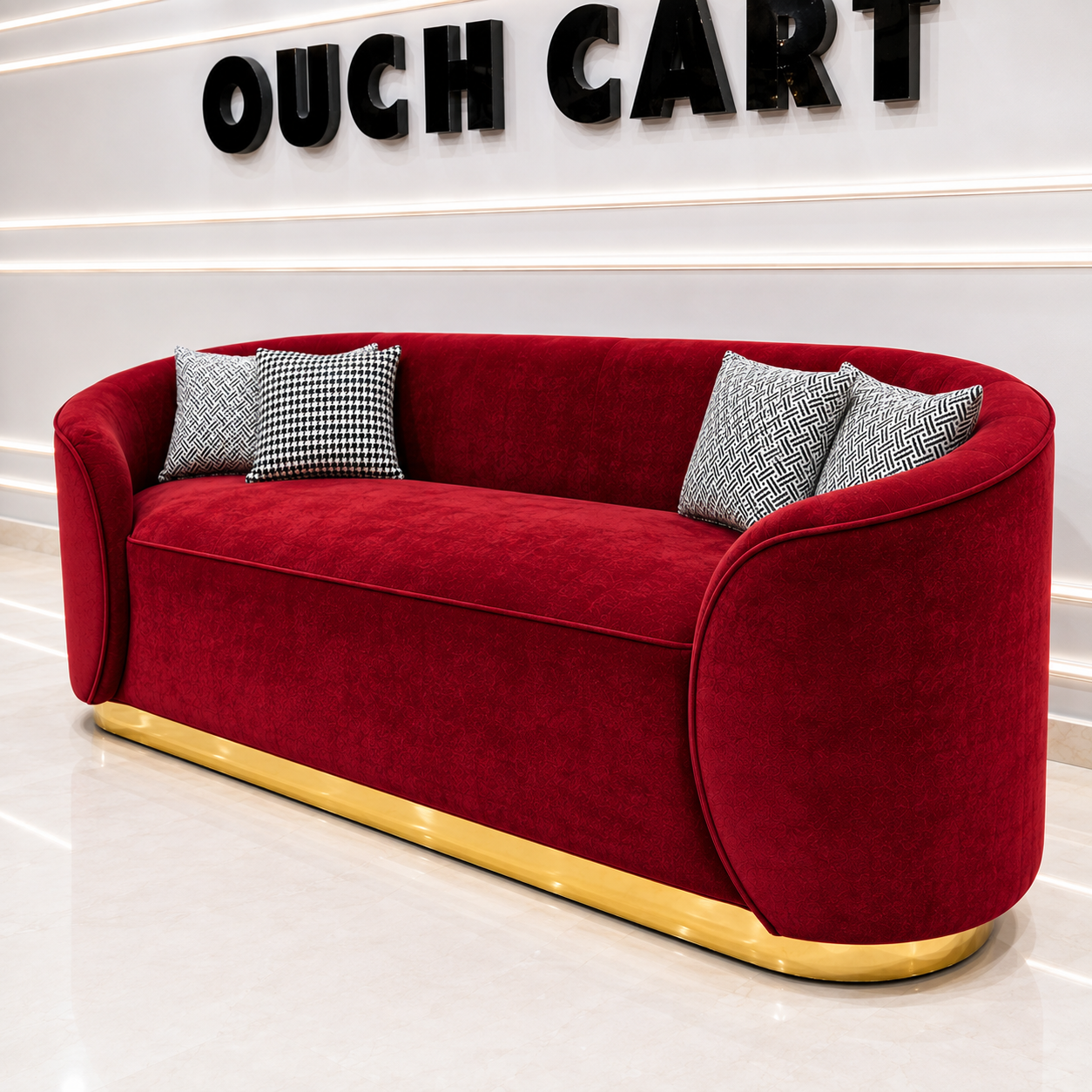 Ouch Cart Luxury Red Velvet Sofa | Modern 3-Seater Curved Sofa with Gold Base