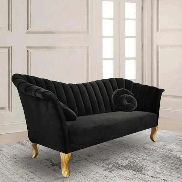 Rowena Black Velvet Upholstered Sofa Channel Tufted 3-Seater Sofa in Gold