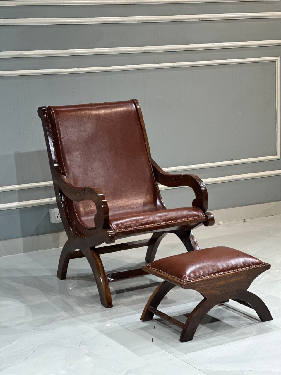 Teak Wood Armchair Lounge Chair with Ottoman