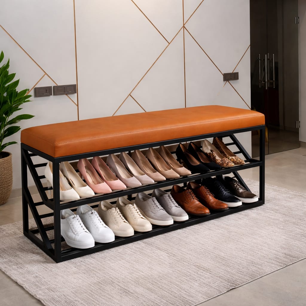 Shoe Rack Bench with Cushion – 2-Tier Storage Organizer Seat for Entryway, Bedroom & Living Room