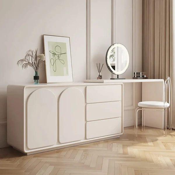 Cristobal White Makeup Vanity Retractable Dressing Table Beauty Station with 3 Drawers, Vanity Dressing Table with 4 Drawers, Lighting Adjustable Brightness, Large Vanity Table Set for Bedroom - Ouch Cart 