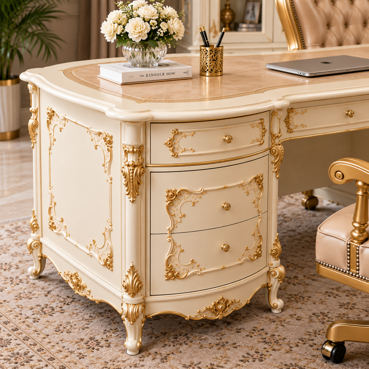 Luxury French Rococo Executive Office Desk | Ivory & Gold Carved Wooden Writing Table