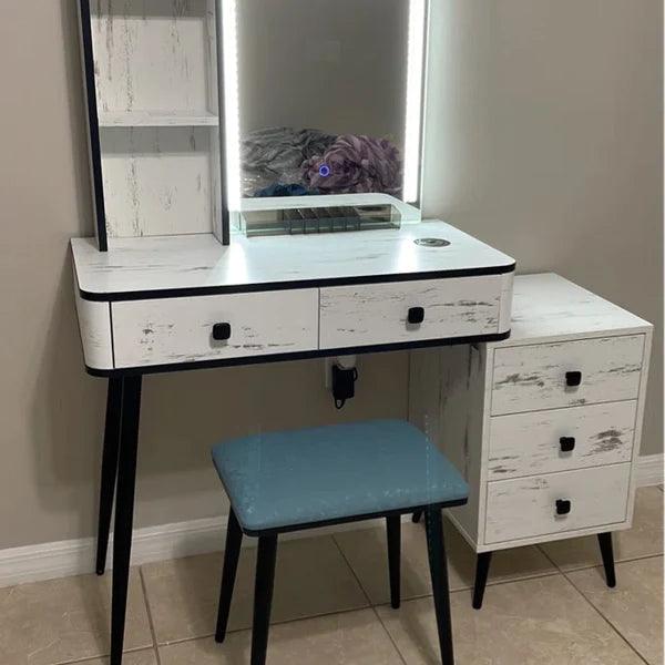 Jade Vanity dressing table design with light mirror with stool | Cosmetic Dressing Table with Makeup Stool Vanity Bedroom Dressers 5 Drawers Bedside Table for Ample Storage - Ouch Cart 