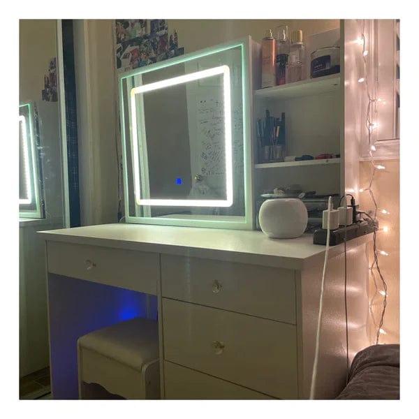 Rob merg Vanity Desk Set with LED Lighted Mirror & Power Outlet, Makeup Vanity Table with 5 Drawers,Storage with stool,for Bedroom, Bathroom, White - Ouch Cart 