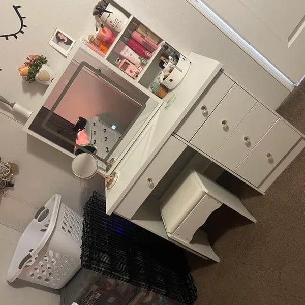 Rob merg Vanity Desk Set with LED Lighted Mirror & Power Outlet, Makeup Vanity Table with 5 Drawers,Storage with stool,for Bedroom, Bathroom, White - Ouch Cart 