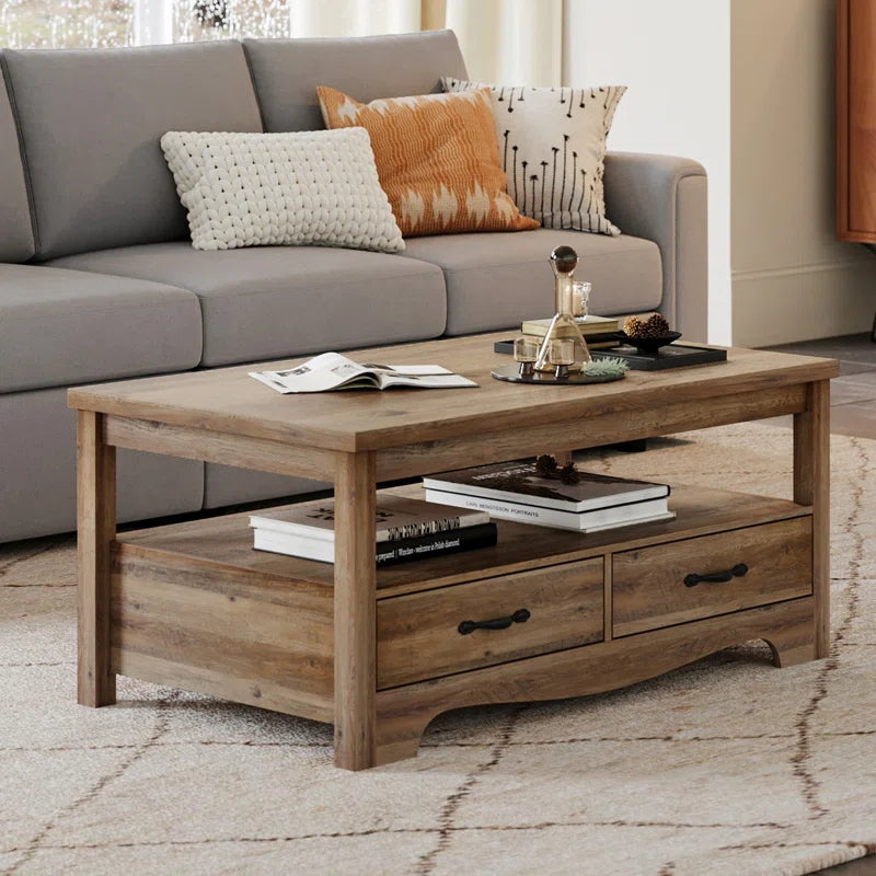Farmhouse Coffee Table with Drawers & Open Shelf | Rustic Storage Center Table for Living Room
