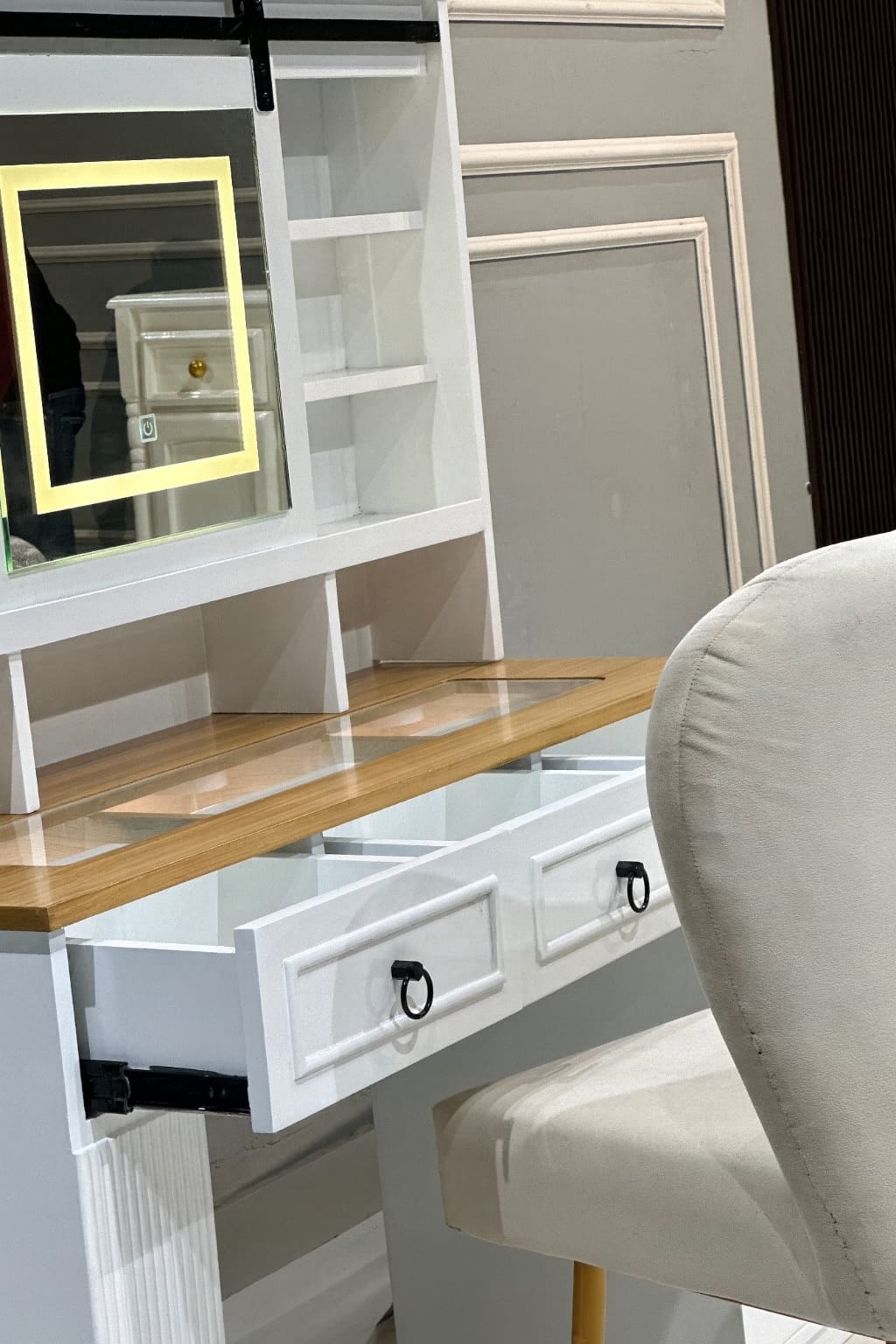 Modern White Wooden Dressing Table with LED Mirror & Storage Cabinet | Makeup Vanity Unit