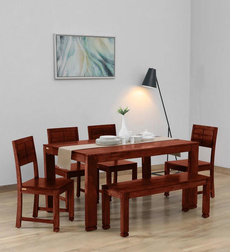 Sheesham Wood 6 Seater Dining Set In Honey Oak Finish With Bench - Ouch Cart 