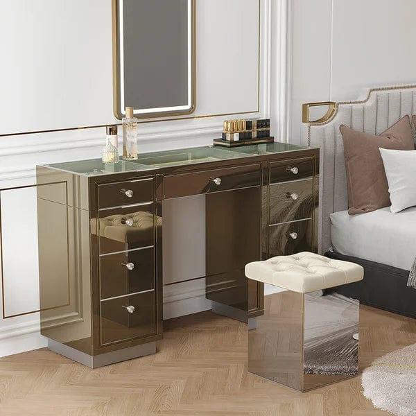 Oscar Mirrored Makeup Vanity Set 9-Drawer Dressing Table with Glass Top & Jewelry Storage with Desk and Stool Makeup Vanity Table - Ouch Cart 