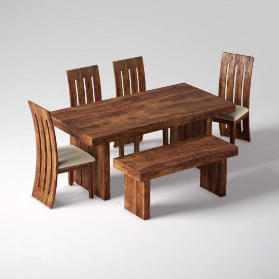 Sheesham Wood Dining Set Six Seater With Bench | Dining Room Furniture In Honey Finish - Ouch Cart 