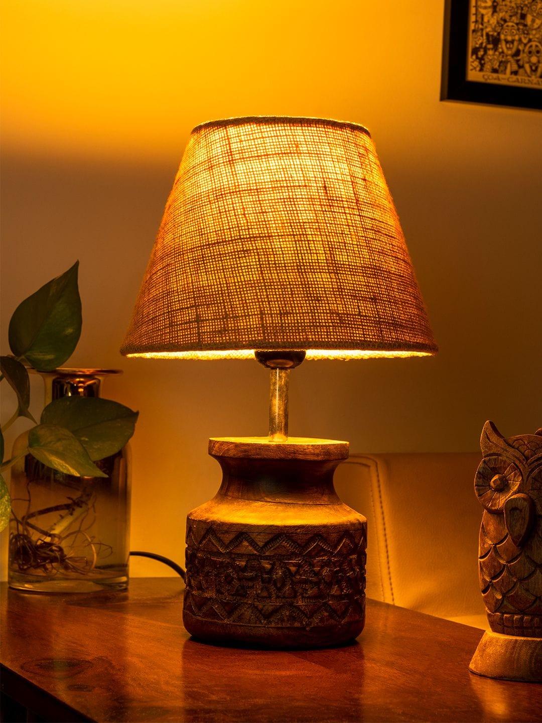 Wooden Carved Lamp with Taper Jute Brown Shade - Ouch Cart 